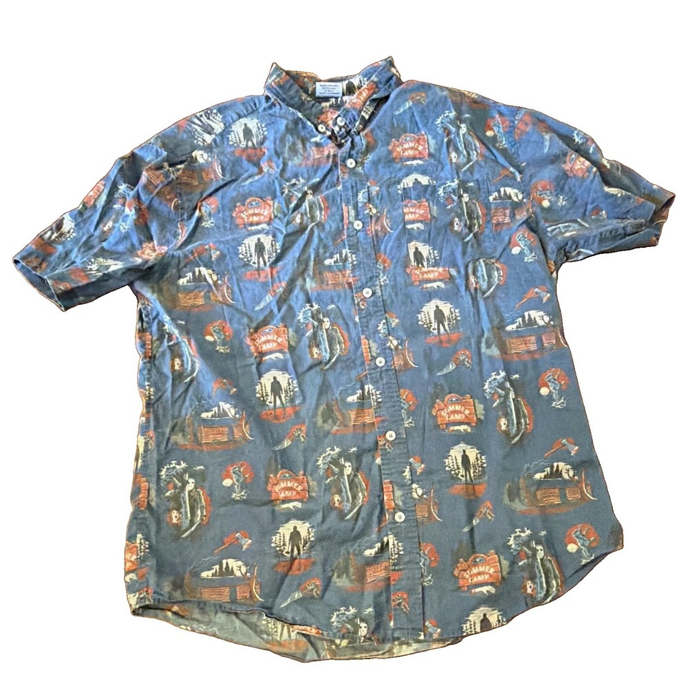 Creepy Co Summer Camp Shirt Mens XL Horror Halloween Button Down Blue Pocket
